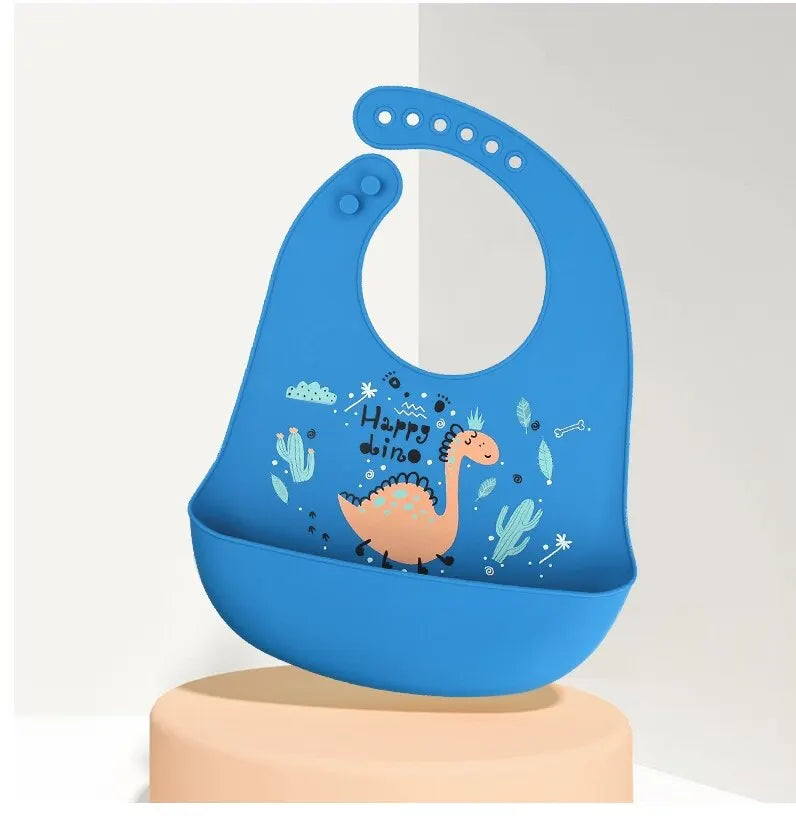 1pcs Waterproof Baby Bibs Cartoon Dinosaur Printed Kids Bibs Adjustable Soft Silicone Bib Baby Feeding Stuff
